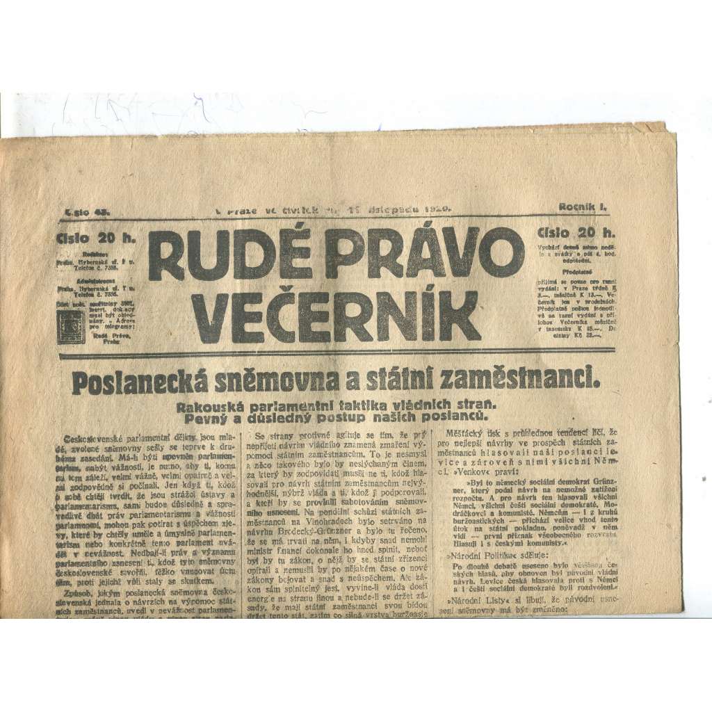 Rudé právo Večerník, ročník I., číslo 43/1920 - staré noviny - [komunisté, komunismus]