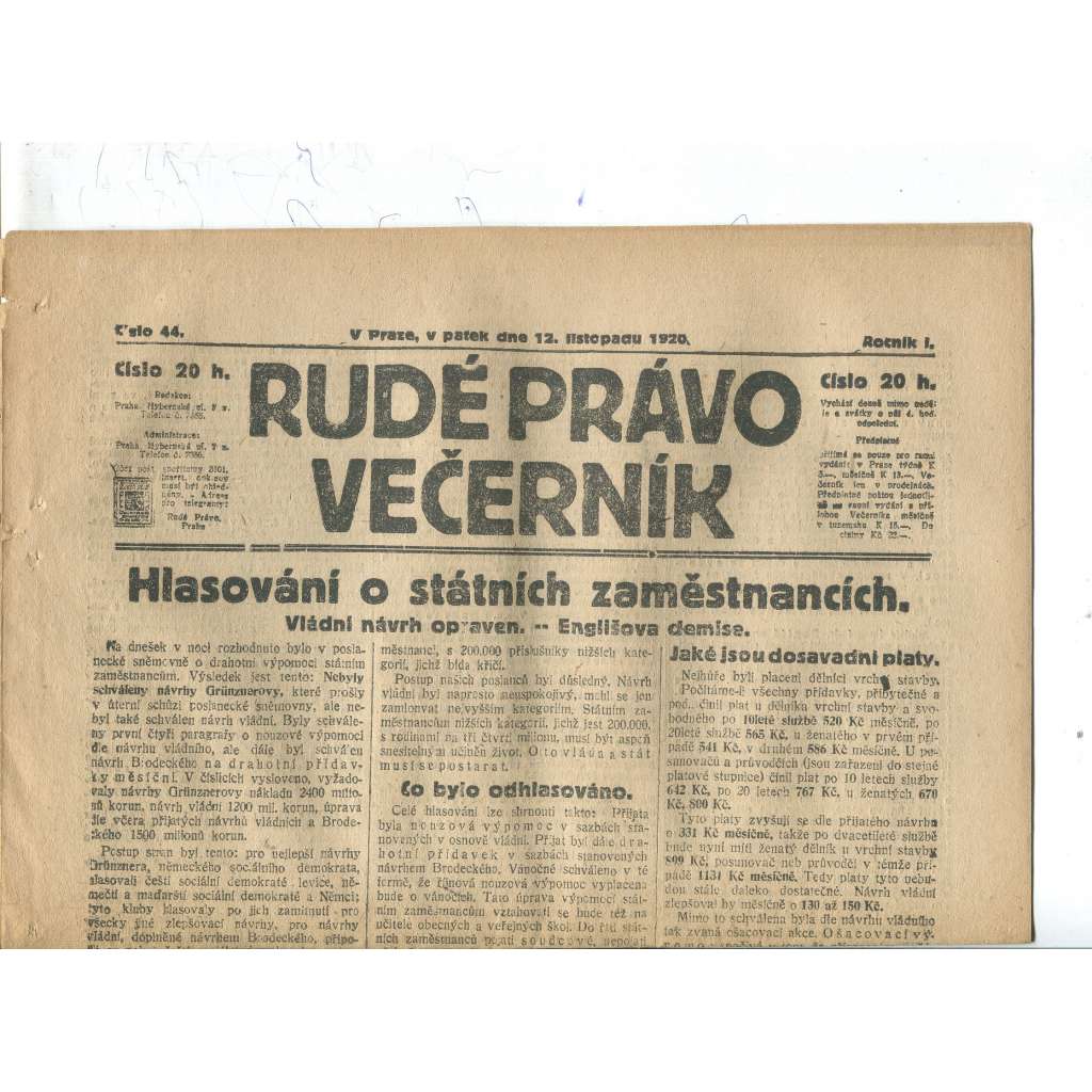 Rudé právo Večerník, ročník I., číslo 44/1920 - staré noviny - [komunisté, komunismus]