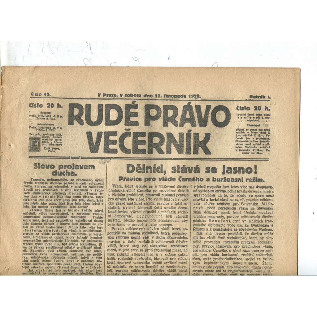 Rudé právo Večerník, ročník I., číslo 45/1920 - staré noviny - [komunisté, komunismus]