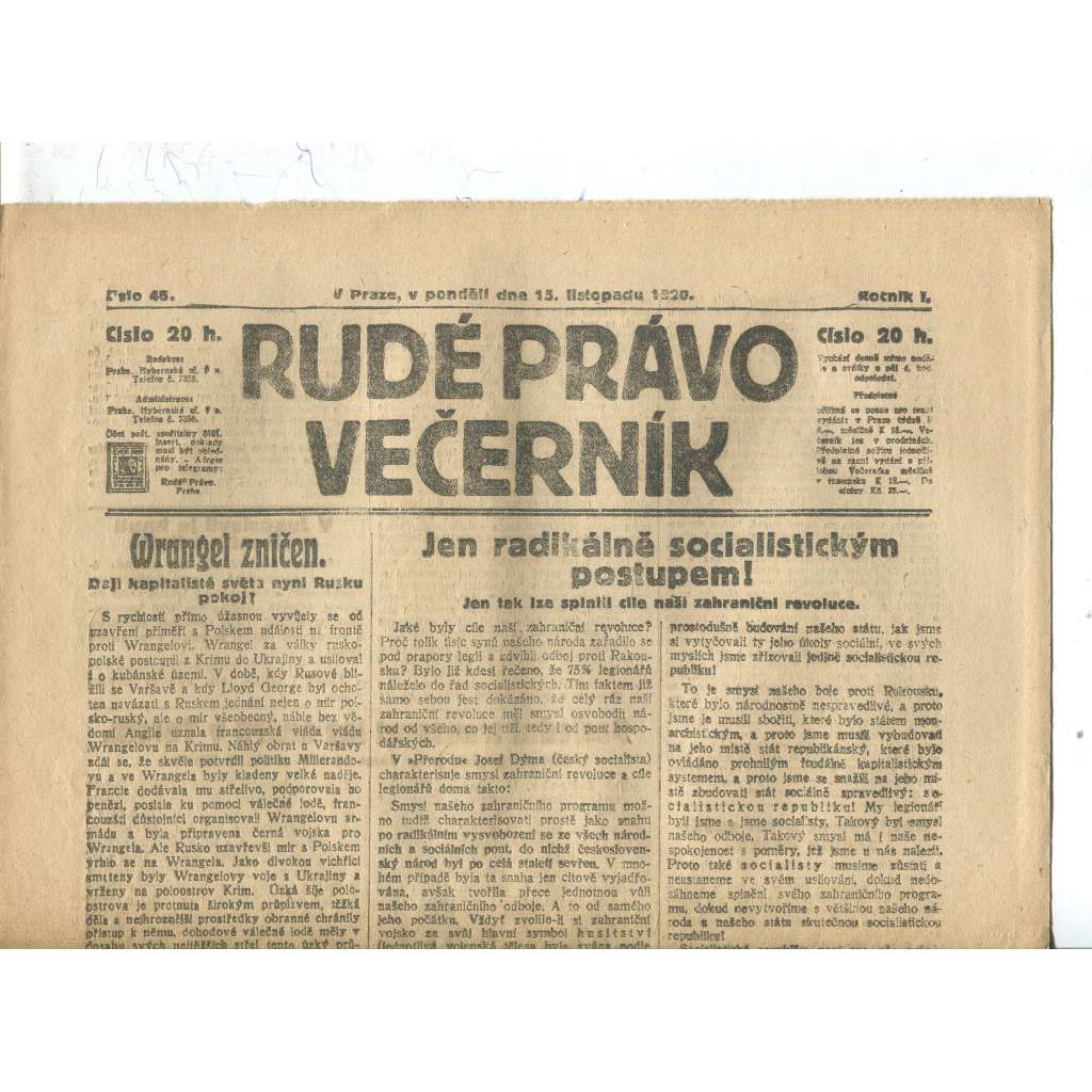 Rudé právo Večerník, ročník I., číslo 46/1920 - staré noviny - [komunisté, komunismus]