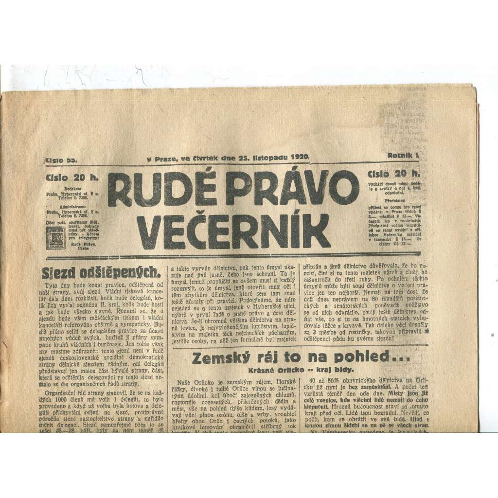 Rudé právo Večerník, ročník I., číslo 55/1920 - staré noviny - [komunisté, komunismus]