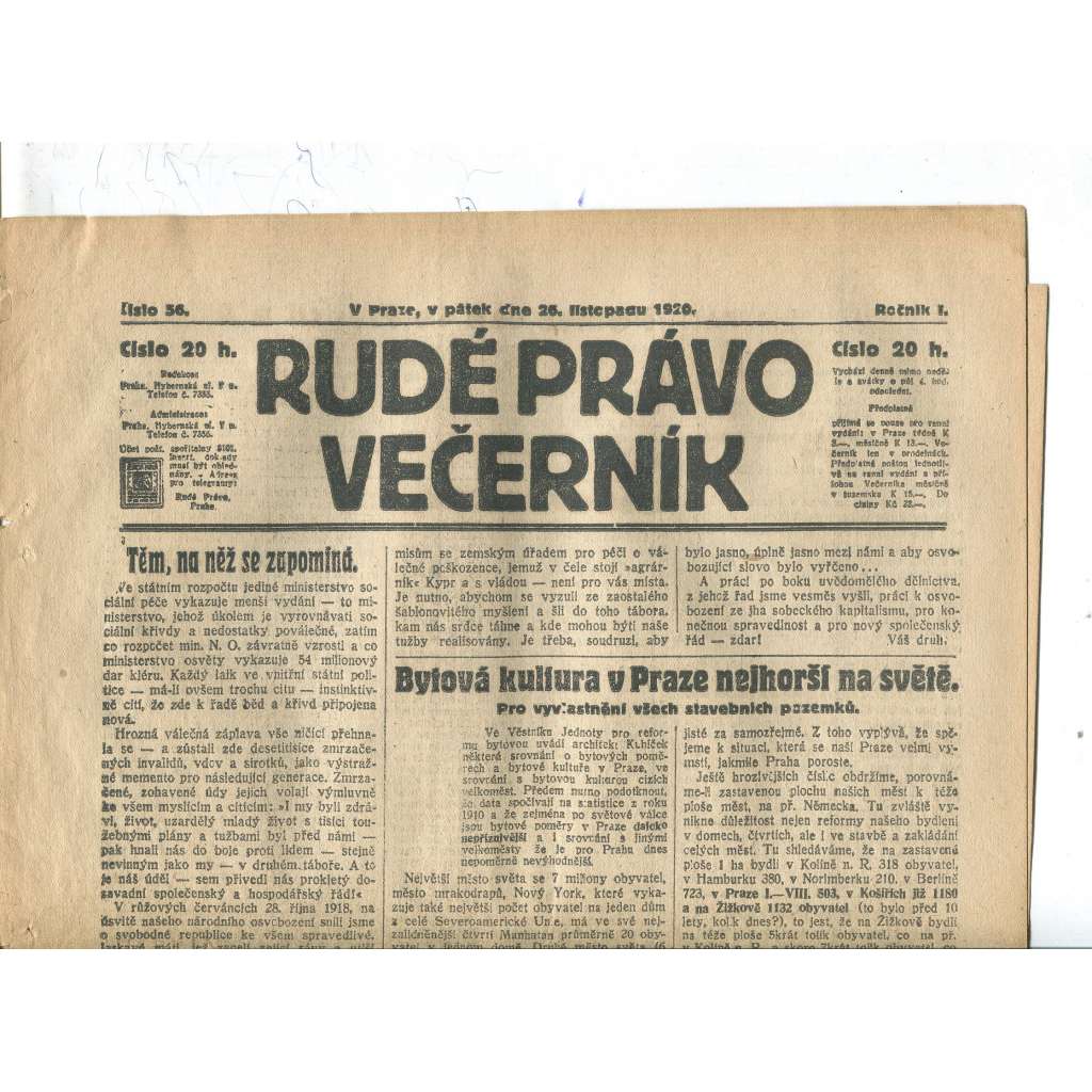 Rudé právo Večerník, ročník I., číslo 56/1920 - staré noviny - [komunisté, komunismus]