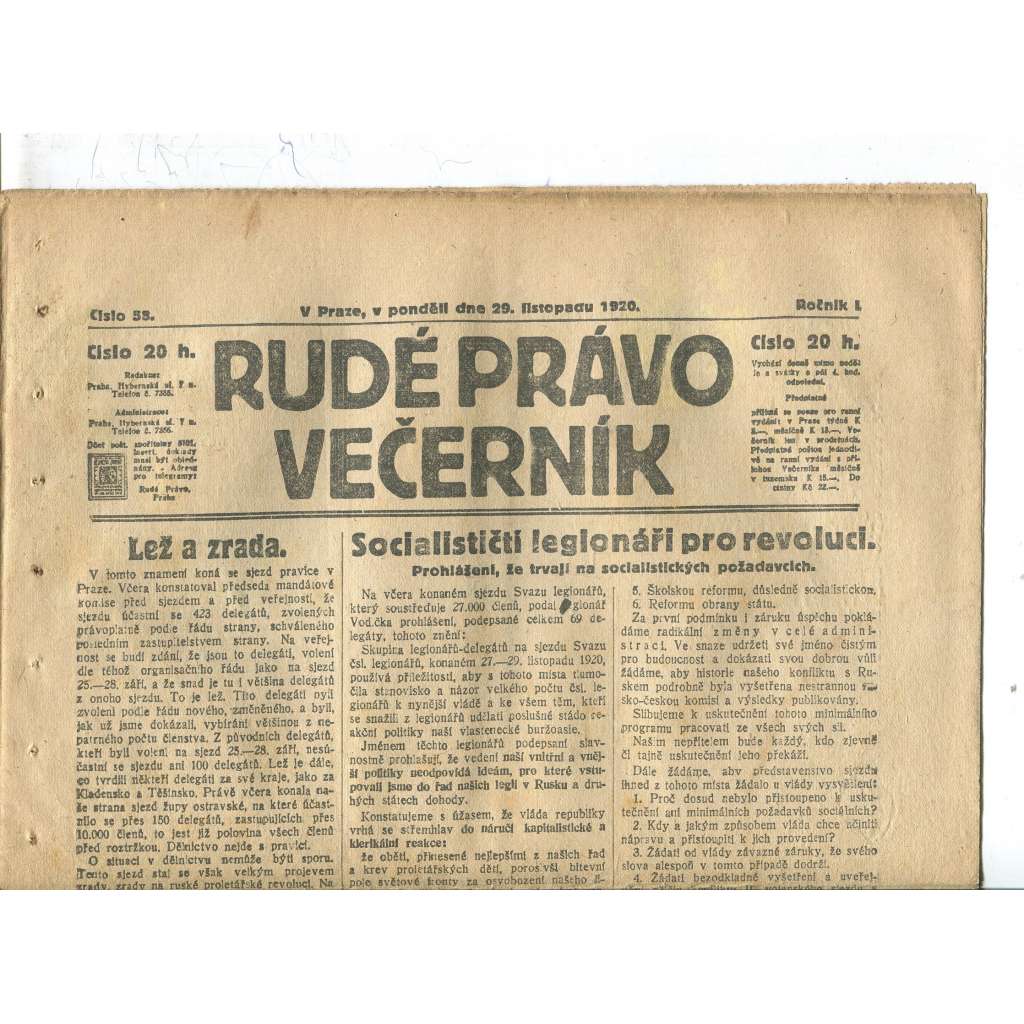 Rudé právo Večerník, ročník I., číslo 58/1920 - staré noviny - [komunisté, komunismus]