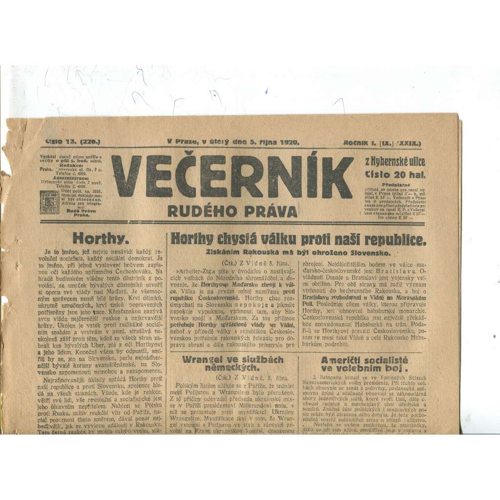 Rudé právo Večerník, ročník I., číslo 13/1920 - staré noviny - [komunisté, komunismus]