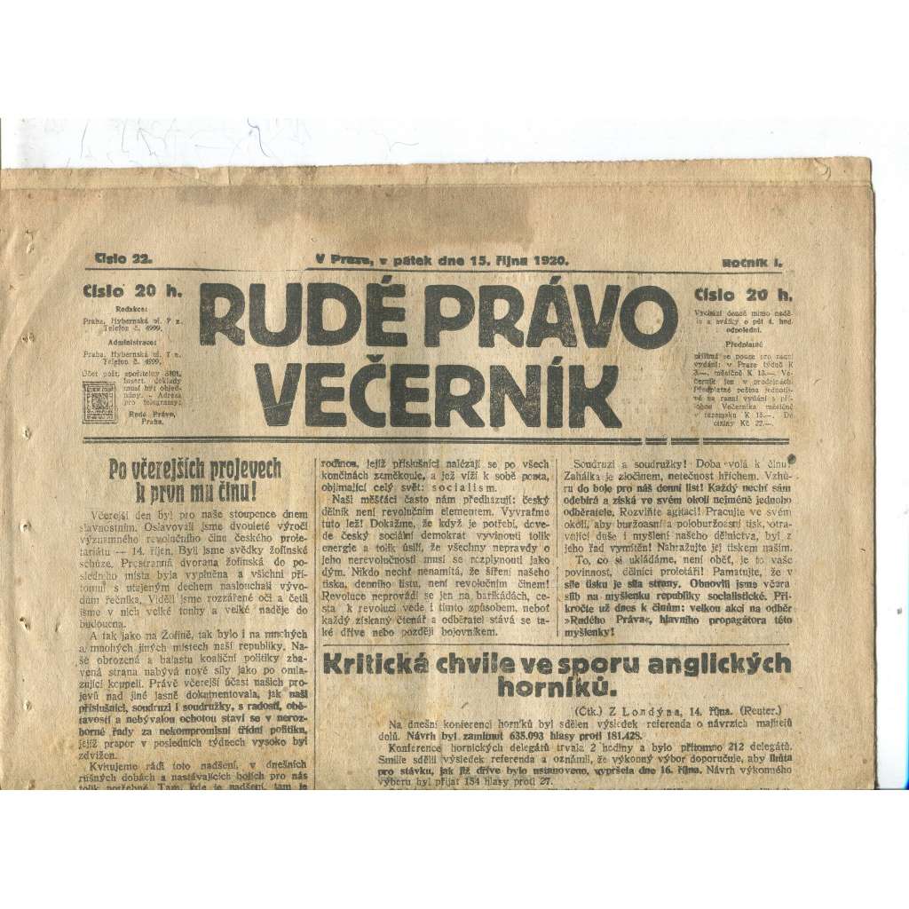 Rudé právo Večerník, ročník I., číslo 22/1920 - staré noviny - [komunisté, komunismus]