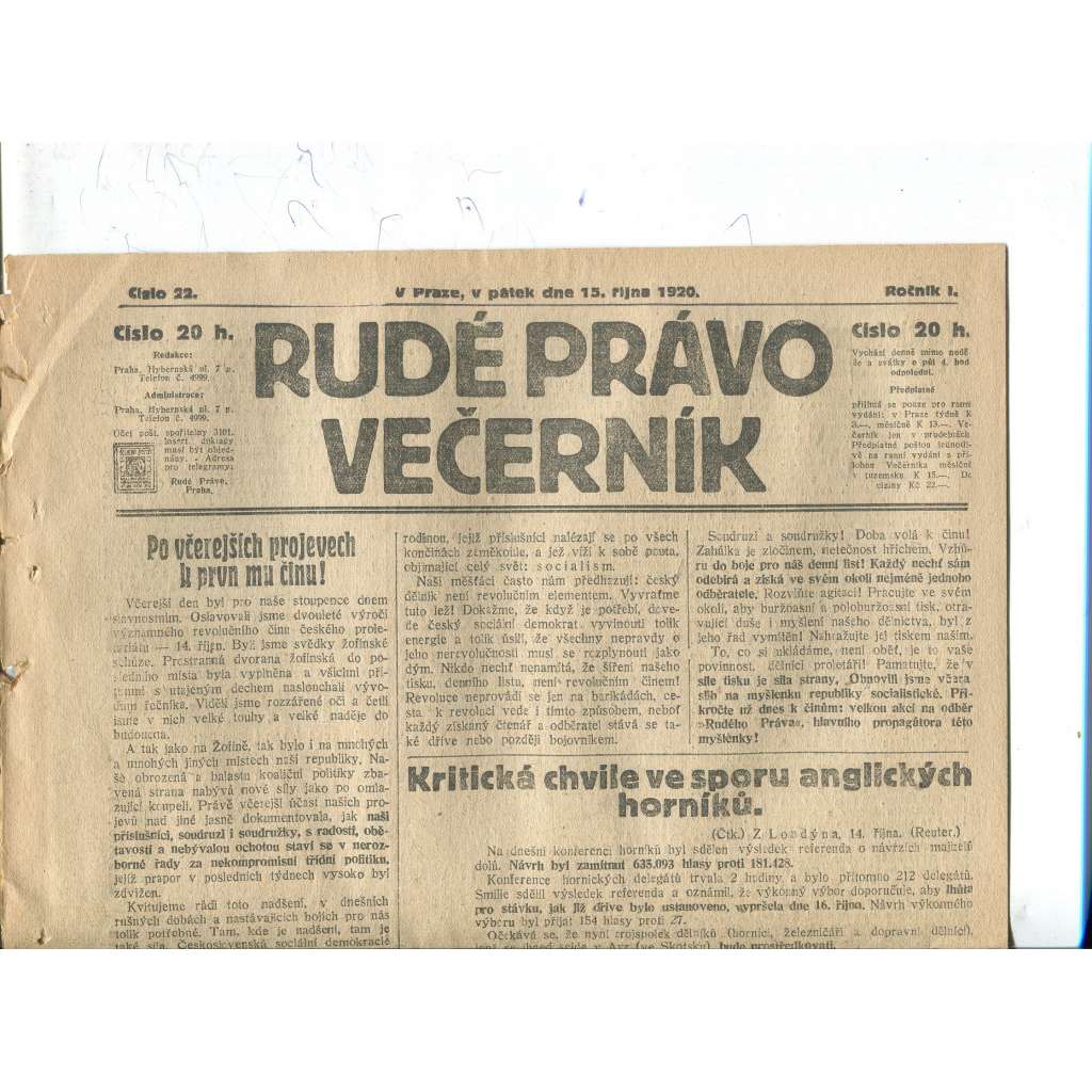Rudé právo Večerník, ročník I., číslo 22/1920 - staré noviny - [komunisté, komunismus]