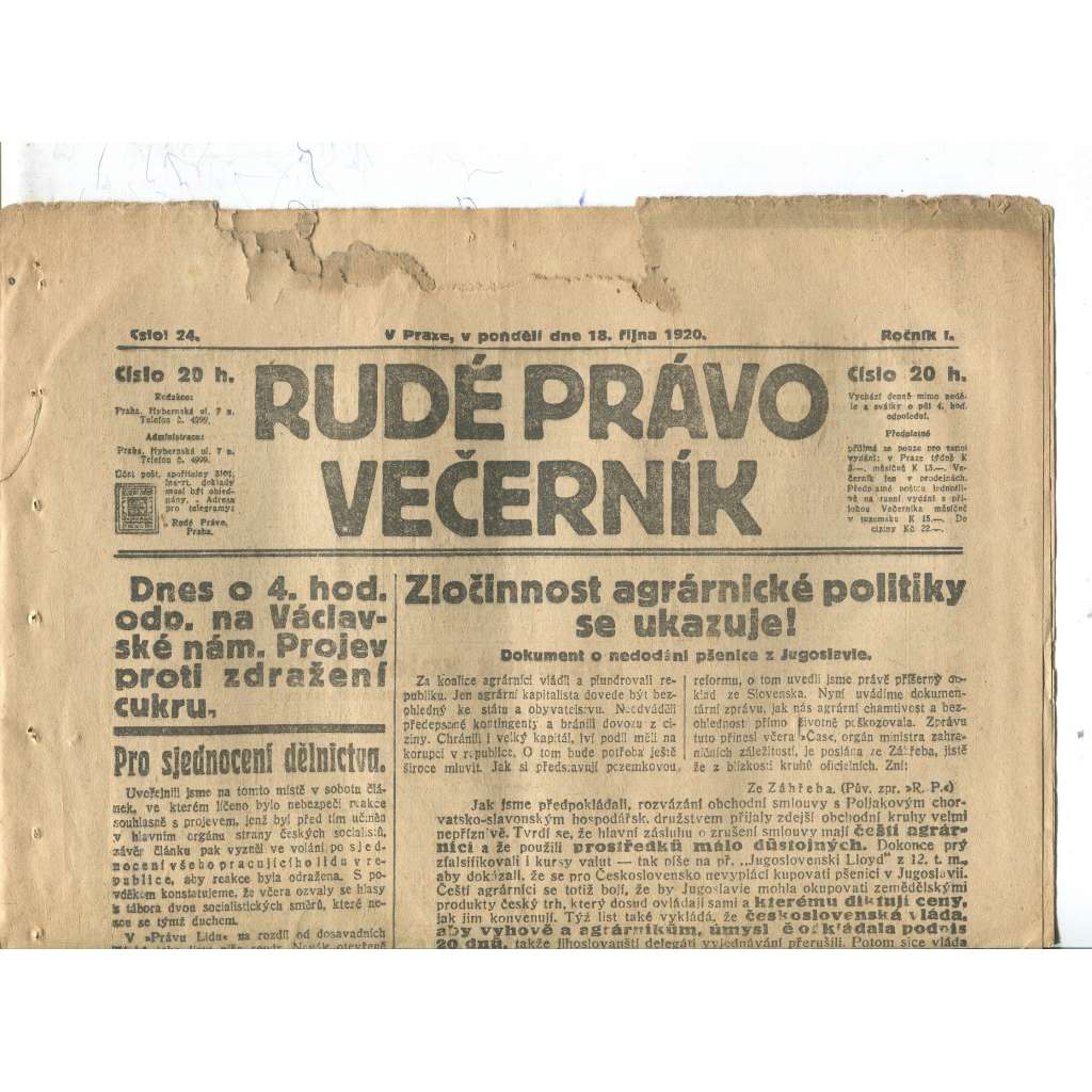Rudé právo Večerník, ročník I., číslo 24/1920 - staré noviny - [komunisté, komunismus]