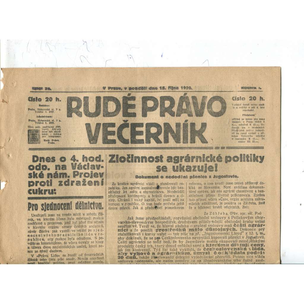 Rudé právo Večerník, ročník I., číslo 24/1920 - staré noviny - [komunisté, komunismus]