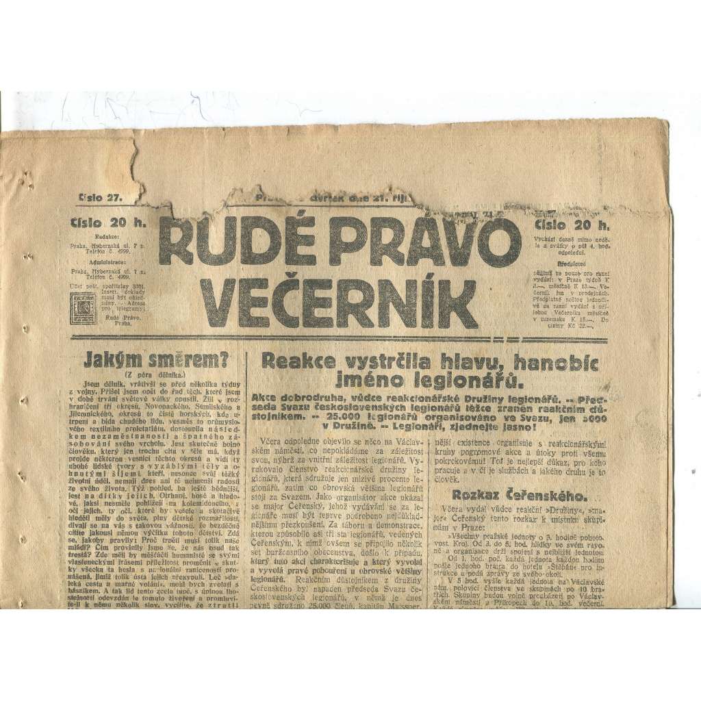 Rudé právo Večerník, ročník I., číslo 27/1920 - staré noviny - [komunisté, komunismus]