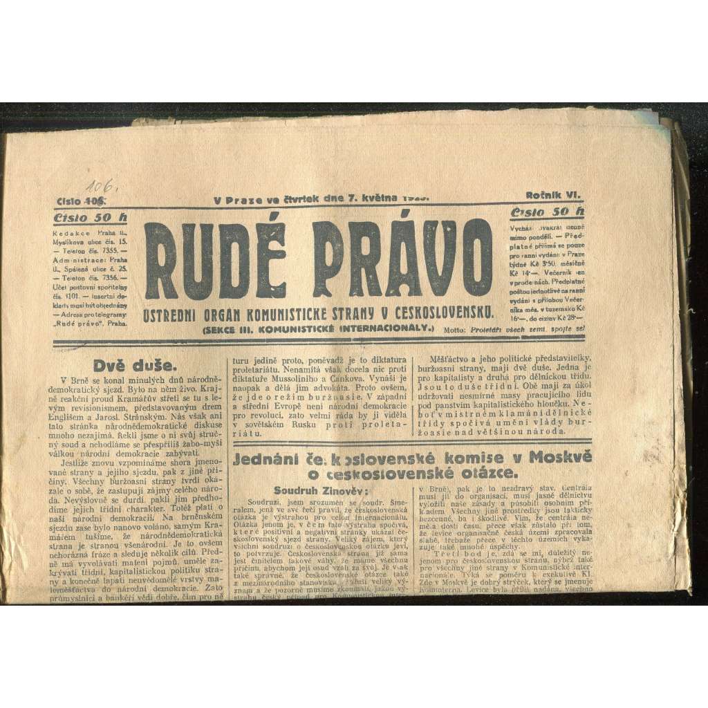 Rudé právo, ročník VI., číslo 106/1925 - staré noviny - [komunisté, komunismus]