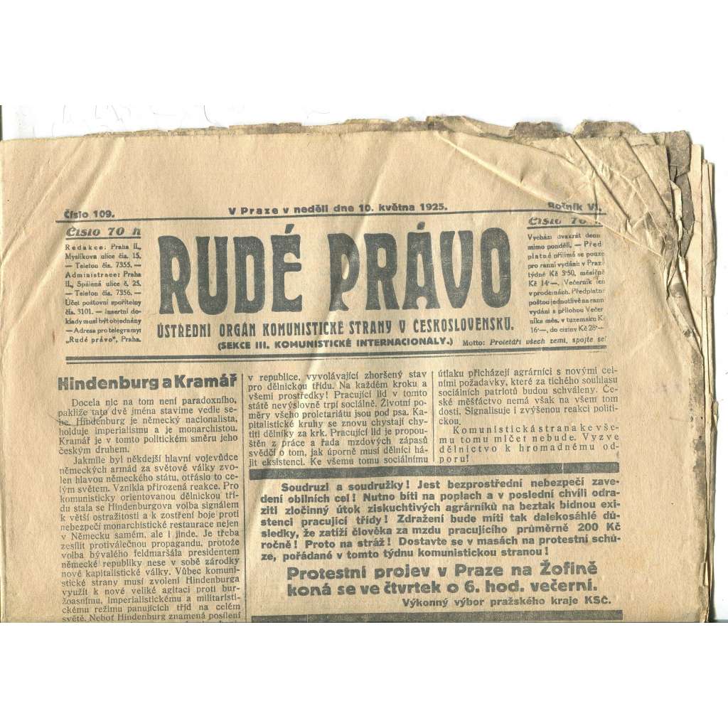 Rudé právo, ročník VI., číslo 109/1925 - staré noviny - [komunisté, komunismus]