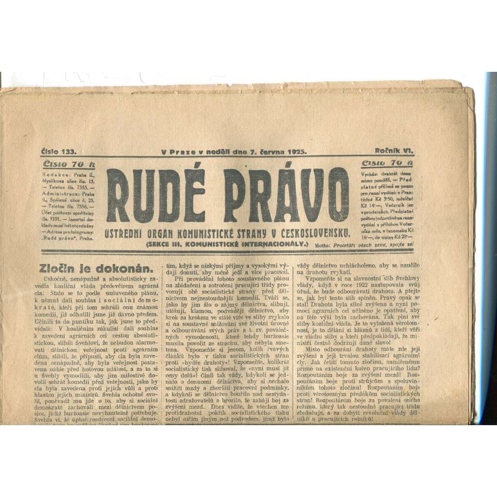 Rudé právo, ročník VI., číslo 133/1925 - staré noviny - [komunisté, komunismus]