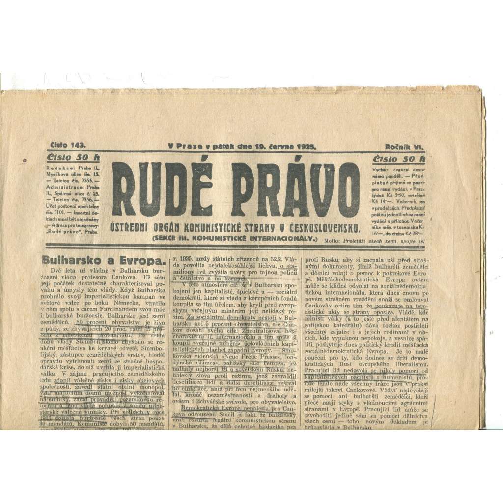 Rudé právo, ročník VI., číslo 143/1925 - staré noviny - [komunisté, komunismus]