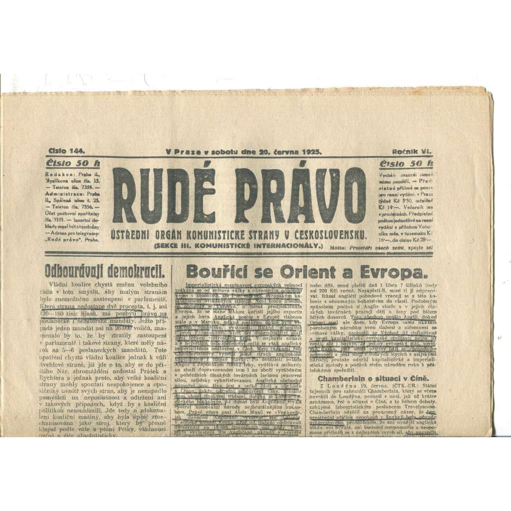 Rudé právo, ročník VI., číslo 144/1925 - staré noviny - [komunisté, komunismus]