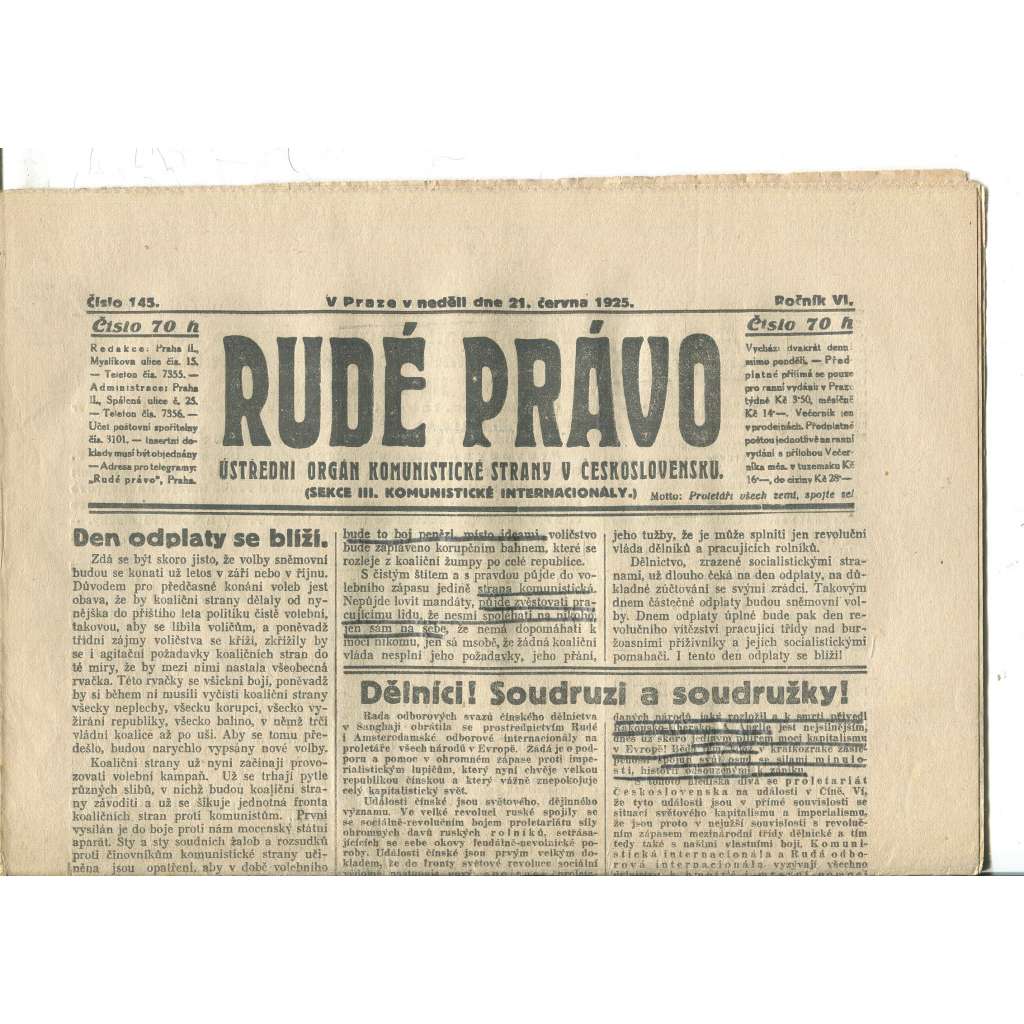 Rudé právo, ročník VI., číslo 145/1925 - staré noviny - [komunisté, komunismus]