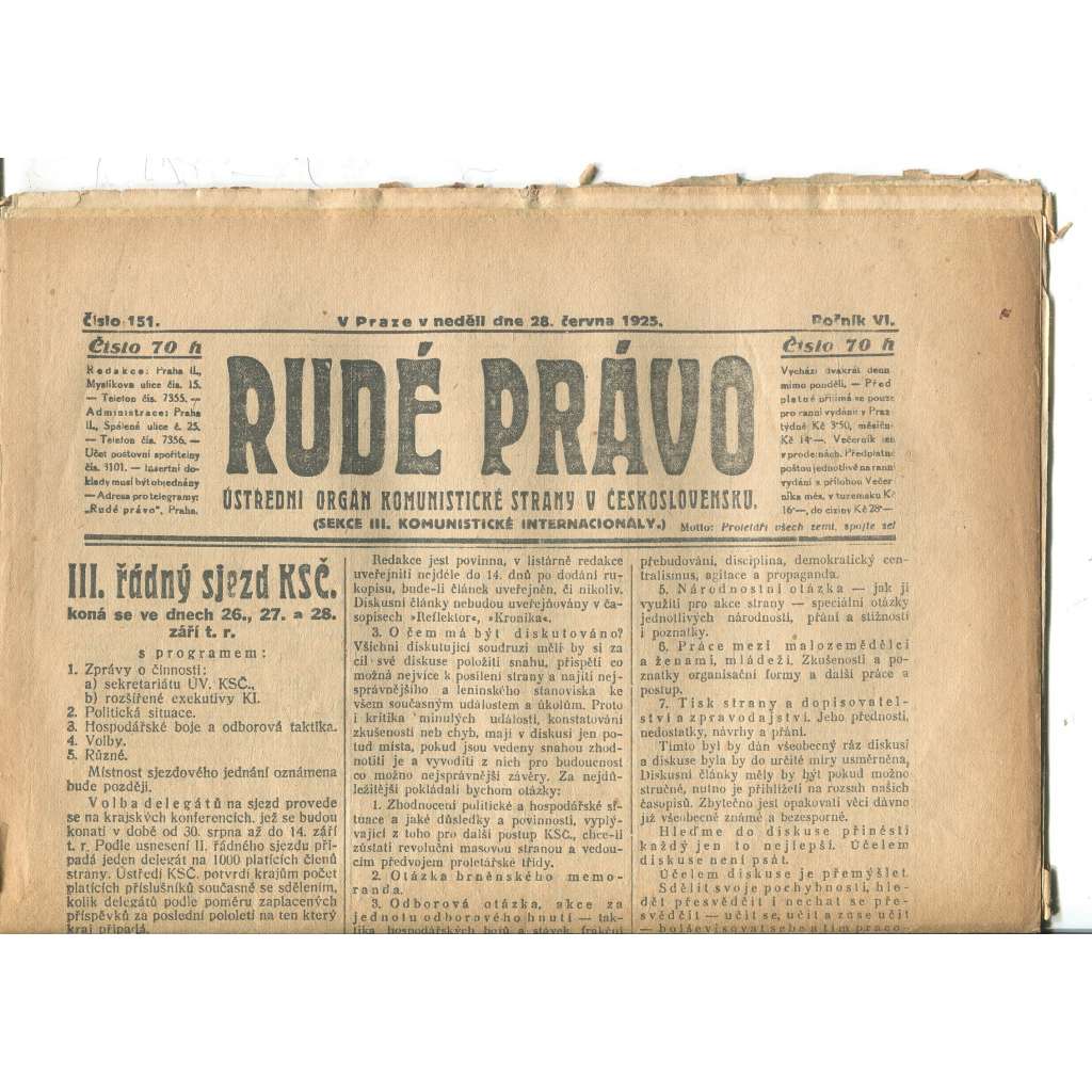 Rudé právo, ročník VI., číslo 151/1925 - staré noviny - [komunisté, komunismus]