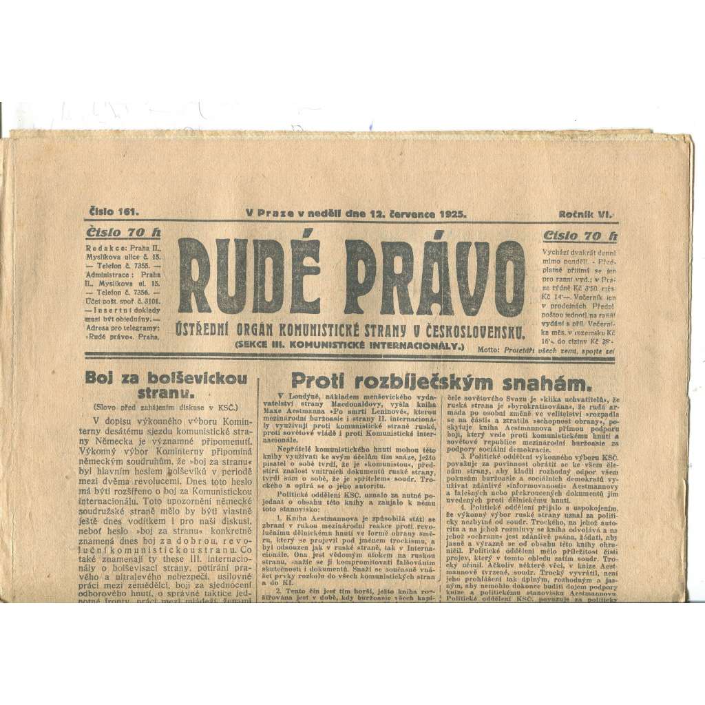 Rudé právo, ročník VI., číslo 161/1925 - staré noviny - [komunisté, komunismus]