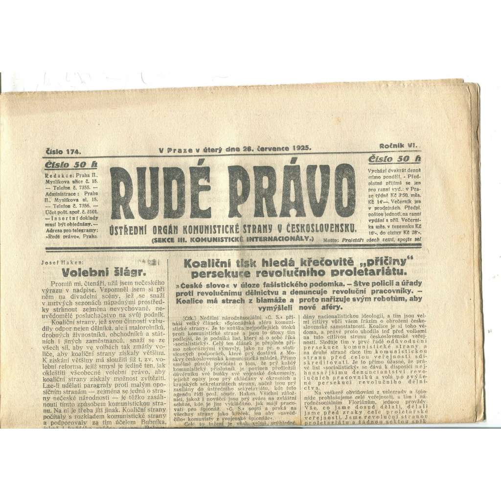 Rudé právo, ročník VI., číslo 174/1925 - staré noviny - [komunisté, komunismus]