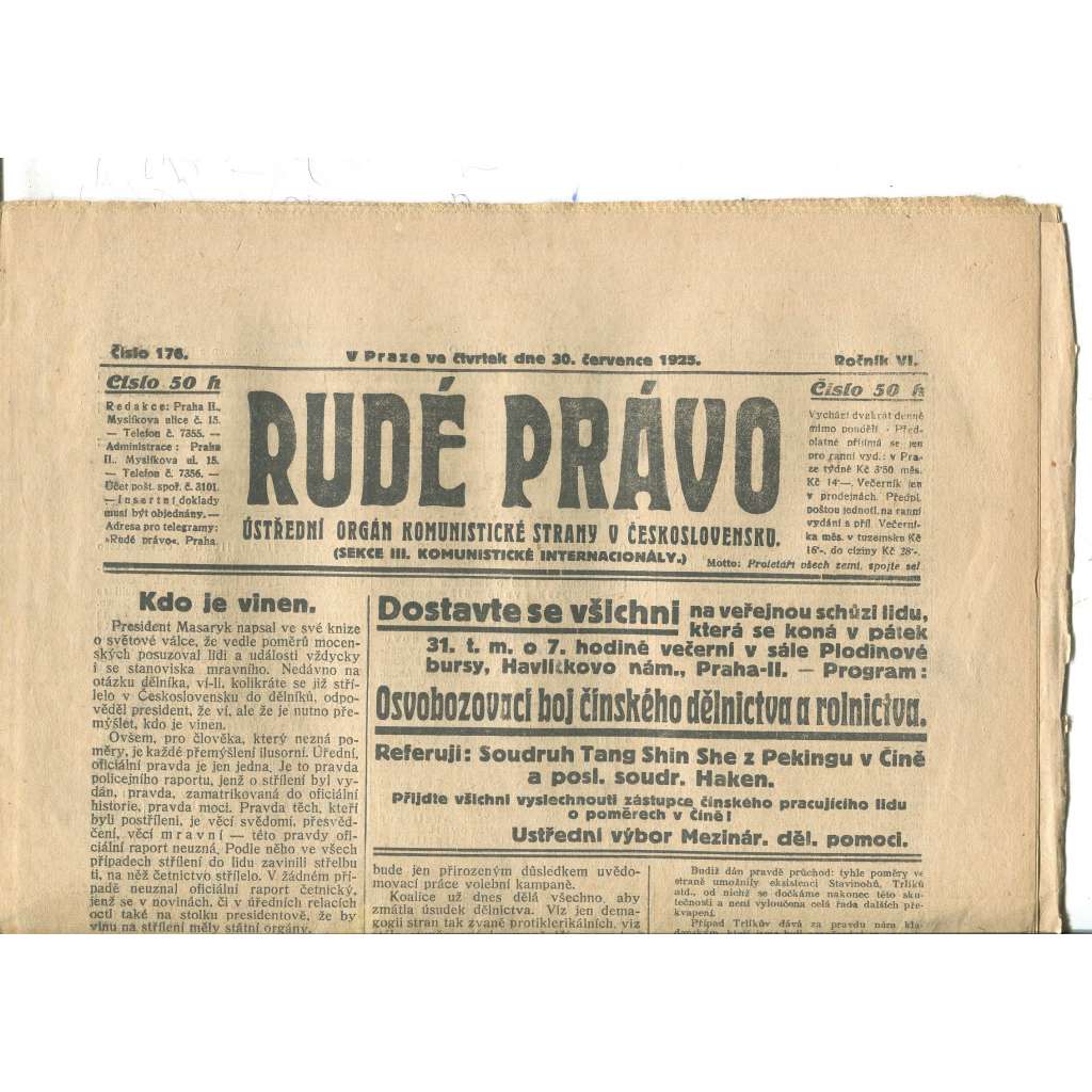 Rudé právo, ročník VI., číslo 176/1925 - staré noviny - [komunisté, komunismus]