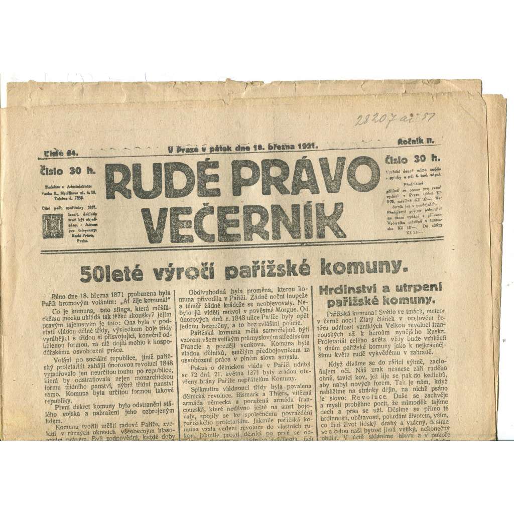 Rudé právo Večerník, ročník II., číslo 64/1921 - staré noviny - [komunisté, komunismus]