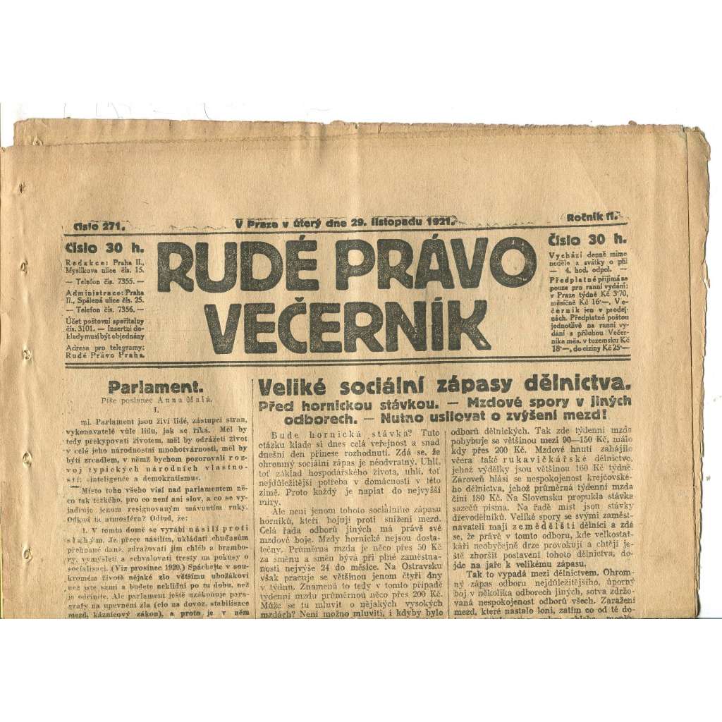 Rudé právo Večerník, ročník II., číslo 271/1921 - staré noviny - [komunisté, komunismus]