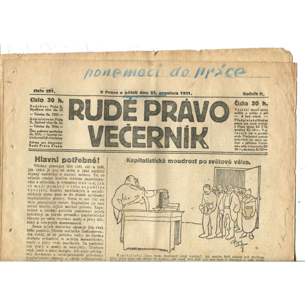 Rudé právo Večerník, ročník II., číslo 291/1921 - staré noviny - [komunisté, komunismus]