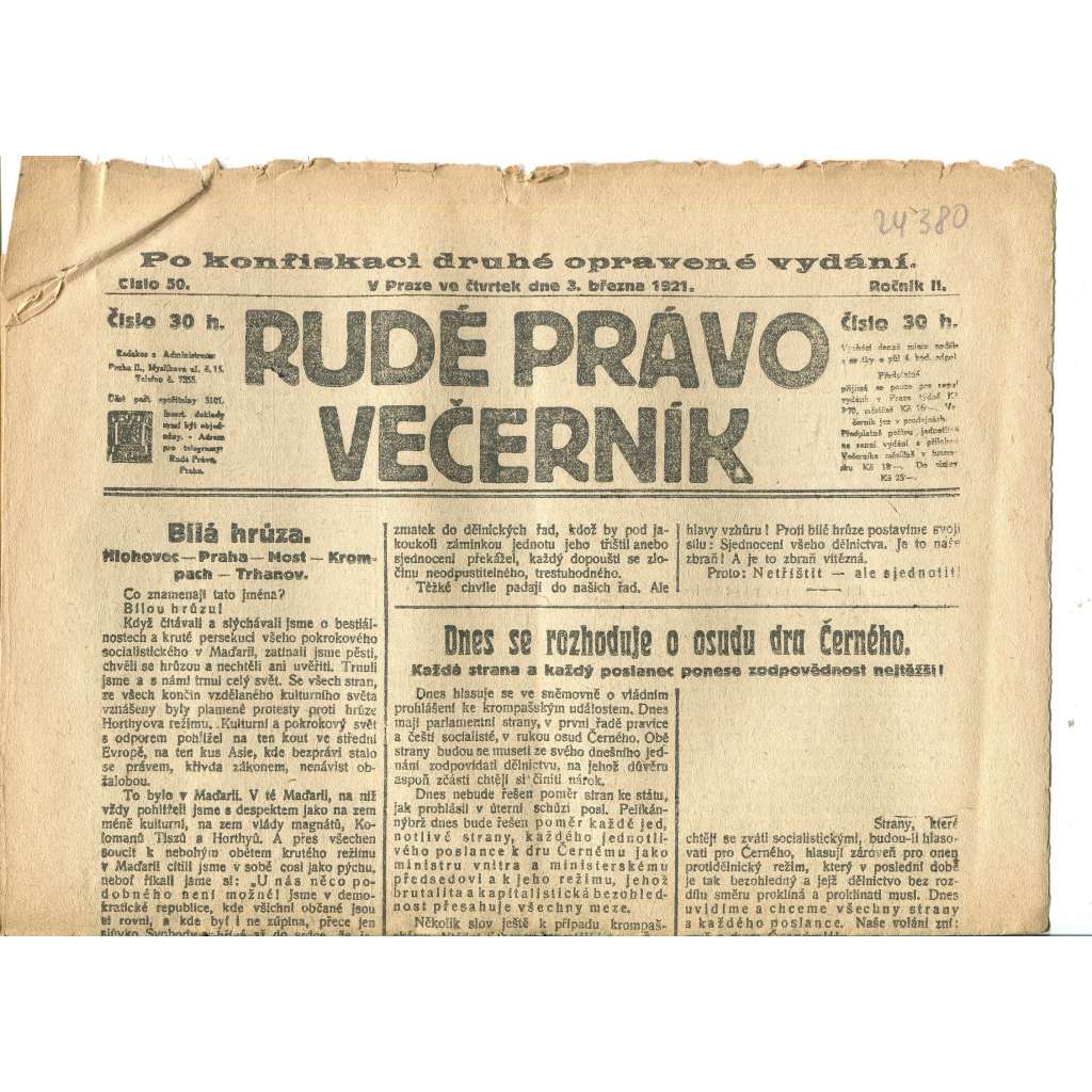 Rudé právo Večerník, ročník II., číslo 50/1921 - staré noviny - [komunisté, komunismus]