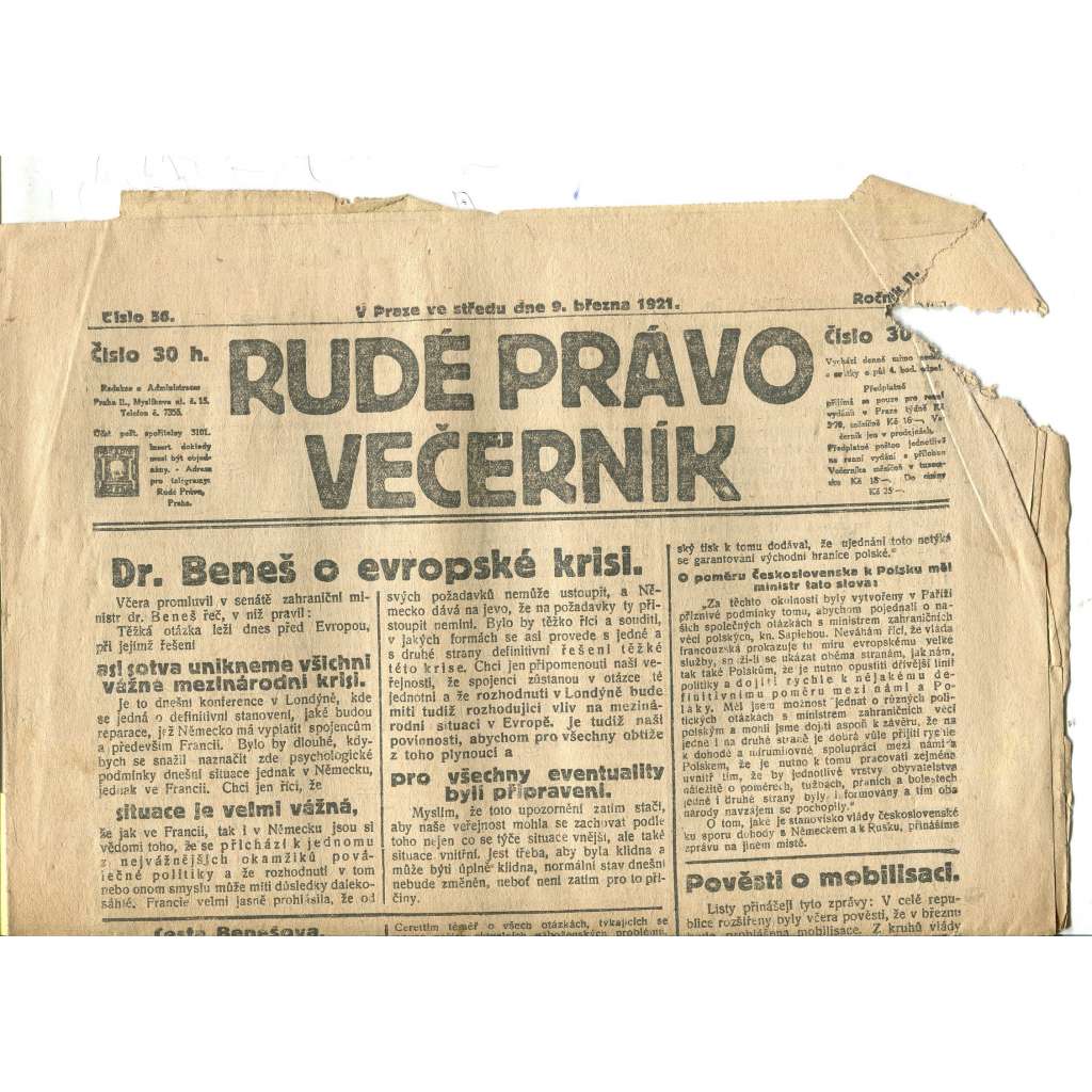 Rudé právo Večerník, ročník II., číslo 56/1921 - staré noviny - [komunisté, komunismus]