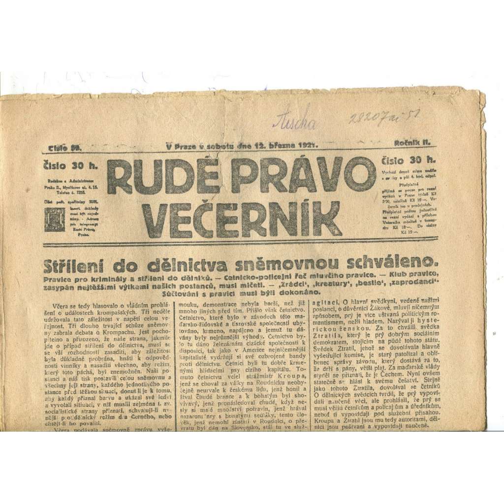 Rudé právo Večerník, ročník II., číslo 59/1921 - staré noviny - [komunisté, komunismus]