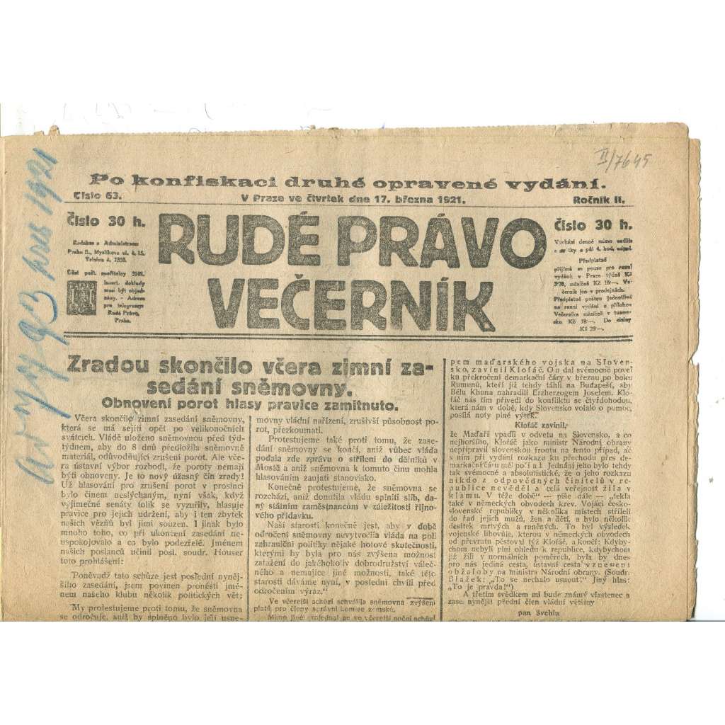 Rudé právo Večerník, ročník II., číslo 63/1921 - staré noviny - [komunisté, komunismus]