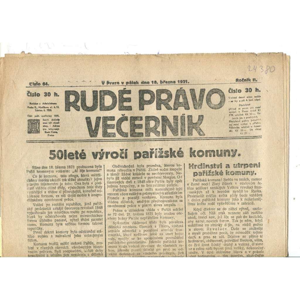 Rudé právo Večerník, ročník II., číslo 64/1921 - staré noviny - [komunisté, komunismus]