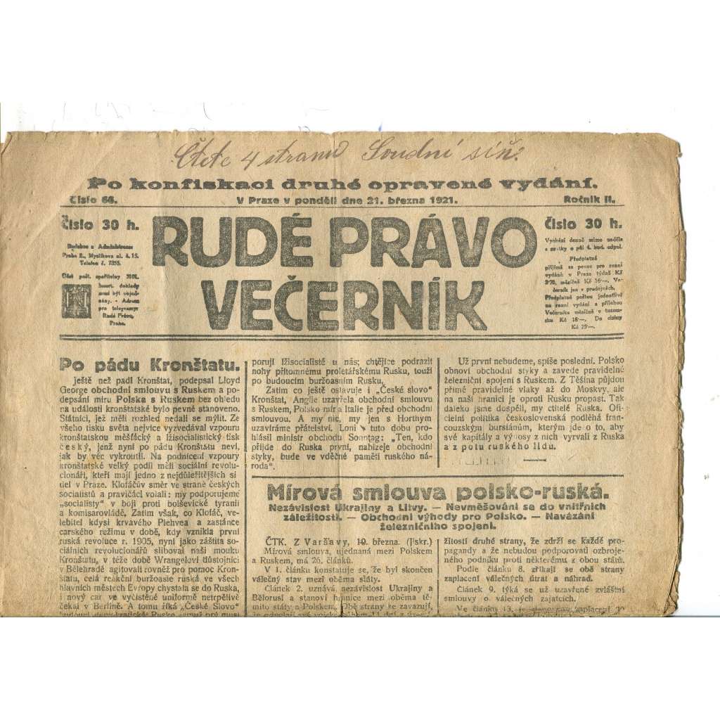 Rudé právo Večerník, ročník II., číslo 66/1921 - staré noviny - [komunisté, komunismus]