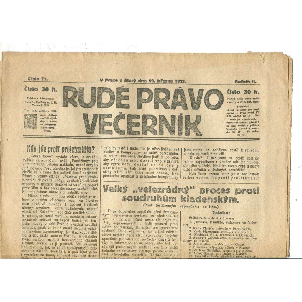 Rudé právo Večerník, ročník II., číslo 71/1921 - staré noviny - [komunisté, komunismus]
