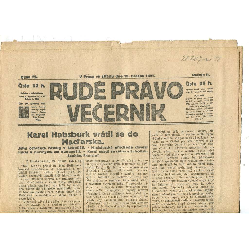 Rudé právo Večerník, ročník II., číslo 72/1921 - staré noviny - [komunisté, komunismus]