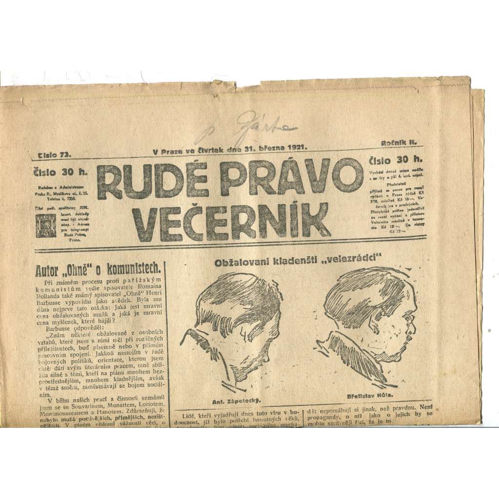 Rudé právo Večerník, ročník II., číslo 73/1921 - staré noviny - [komunisté, komunismus]