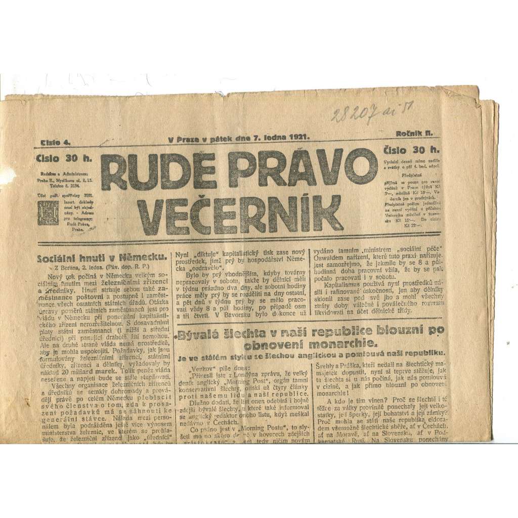 Rudé právo Večerník, ročník II., číslo 4/1921 - staré noviny - [komunisté, komunismus]
