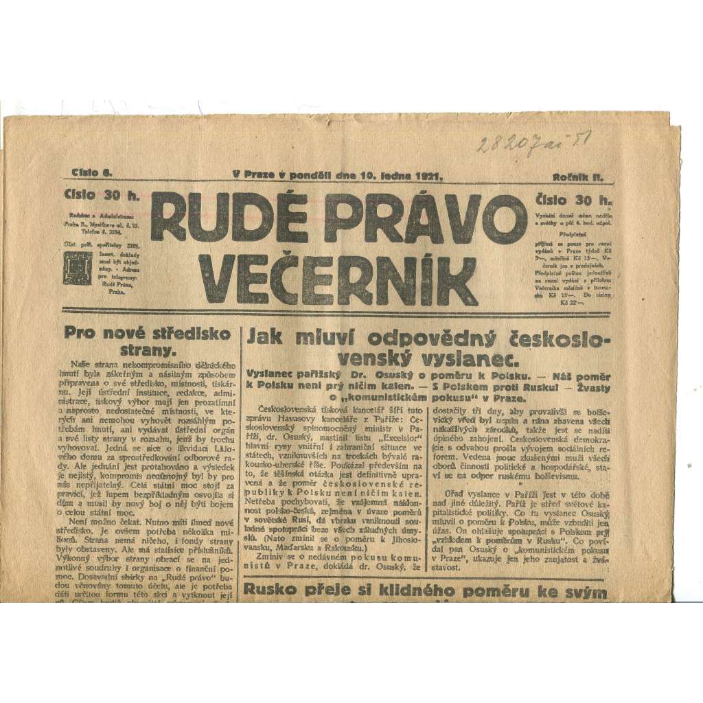 Rudé právo Večerník, ročník II., číslo 6/1921 - staré noviny - [komunisté, komunismus]