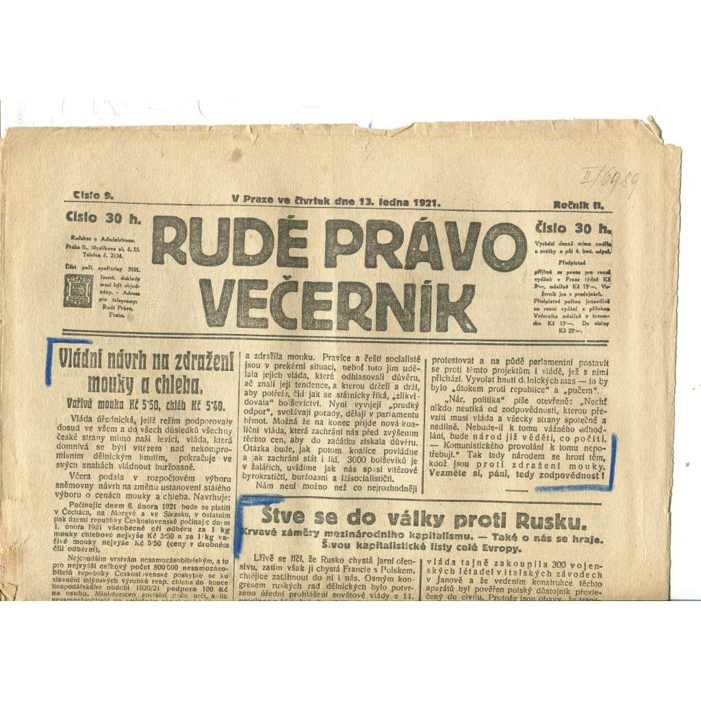Rudé právo Večerník, ročník II., číslo 9/1921 - staré noviny - [komunisté, komunismus]
