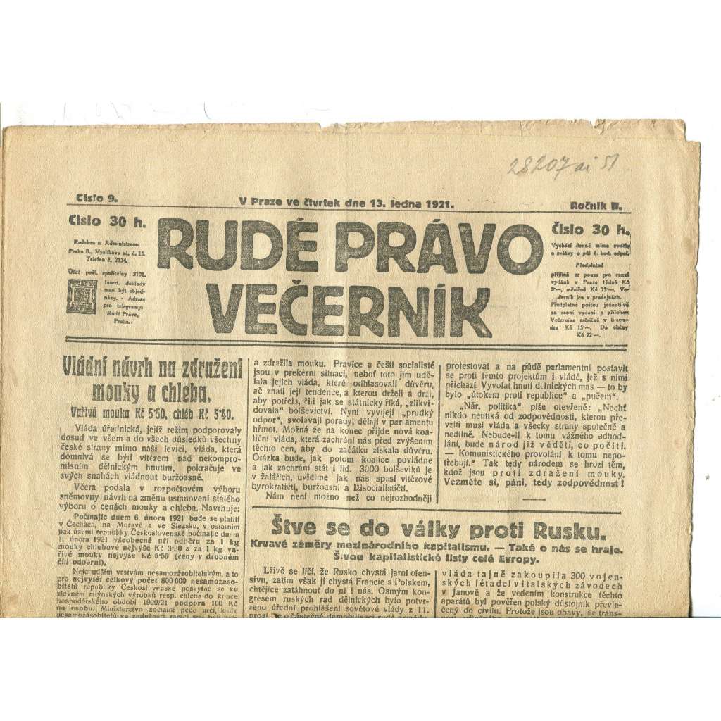 Rudé právo Večerník, ročník II., číslo 9/1921 - staré noviny - [komunisté, komunismus]