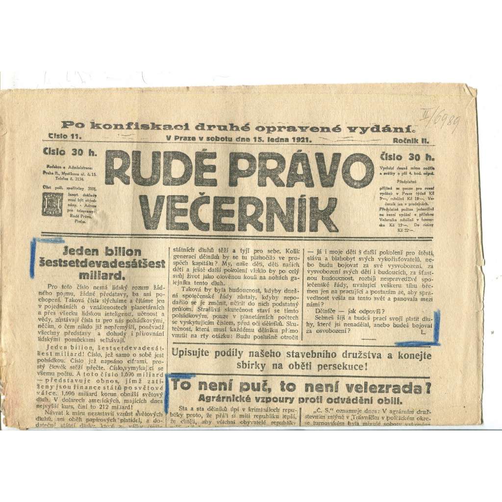 Rudé právo Večerník, ročník II., číslo 11/1921 - staré noviny - [komunisté, komunismus]