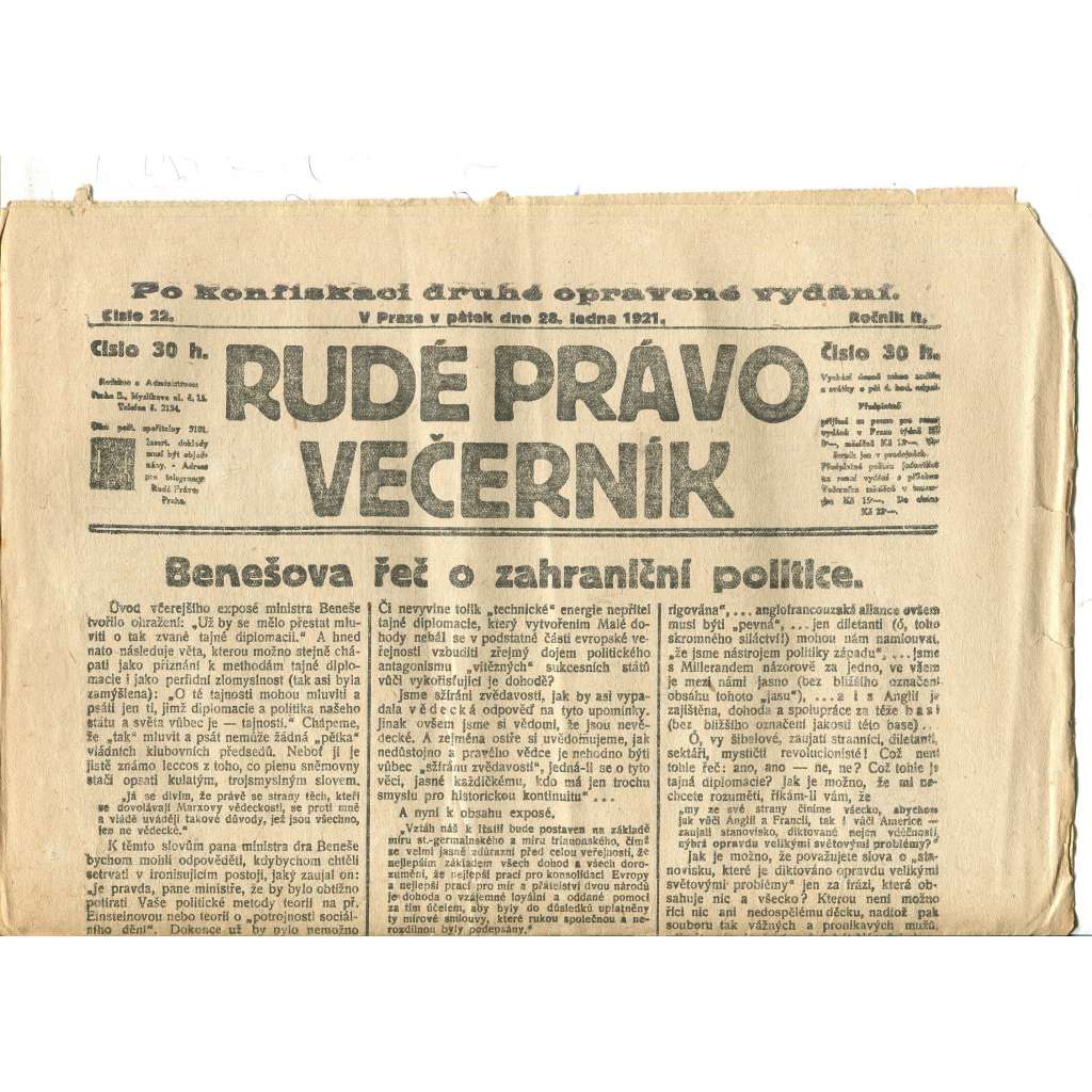 Rudé právo Večerník, ročník II., číslo 22/1921 - staré noviny - [komunisté, komunismus]