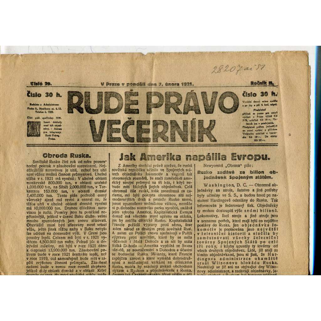 Rudé právo Večerník, ročník II., číslo 29/1921 - staré noviny - [komunisté, komunismus]