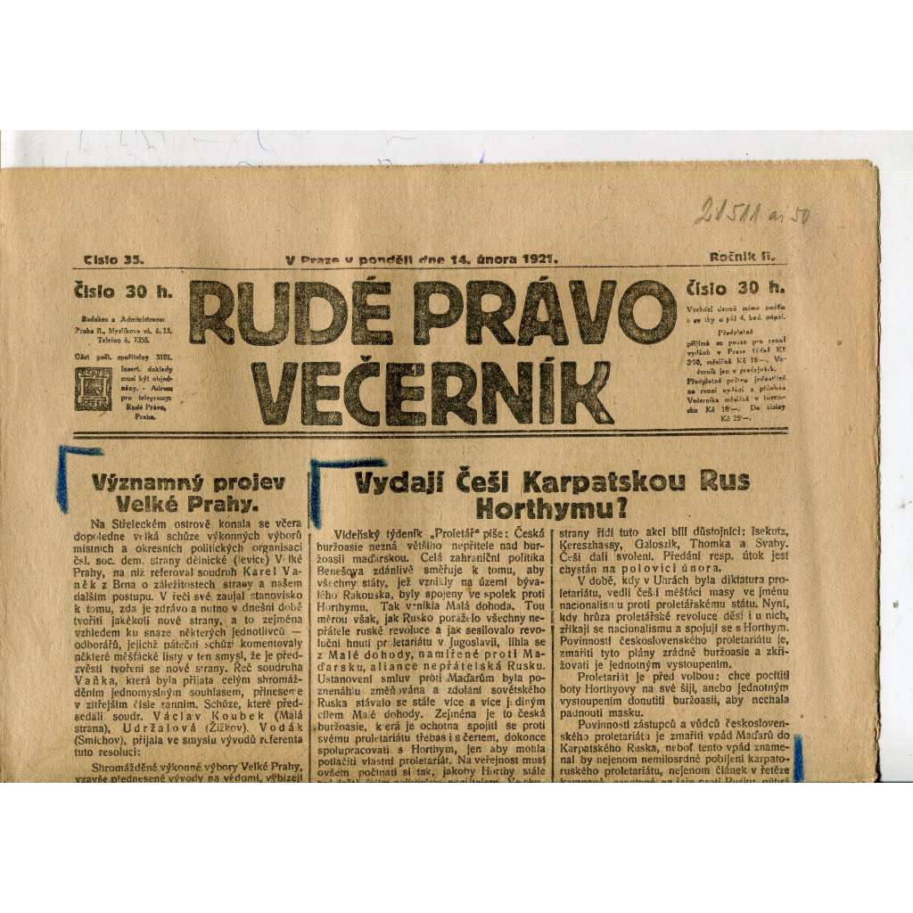 Rudé právo Večerník, ročník II., číslo 35/1921 - staré noviny - [komunisté, komunismus]