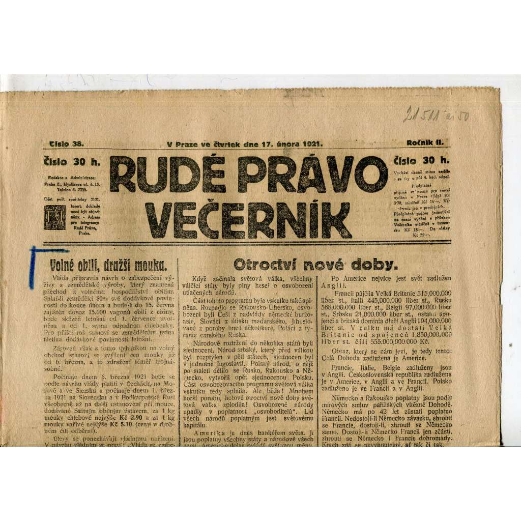Rudé právo Večerník, ročník II., číslo 38/1921 - staré noviny - [komunisté, komunismus]