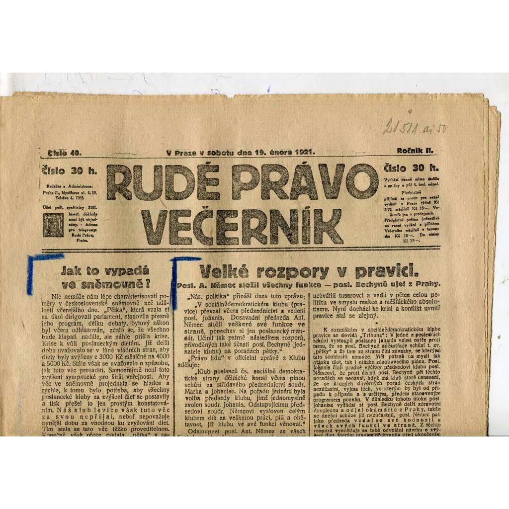 Rudé právo Večerník, ročník II., číslo 40/1921 - staré noviny - [komunisté, komunismus]