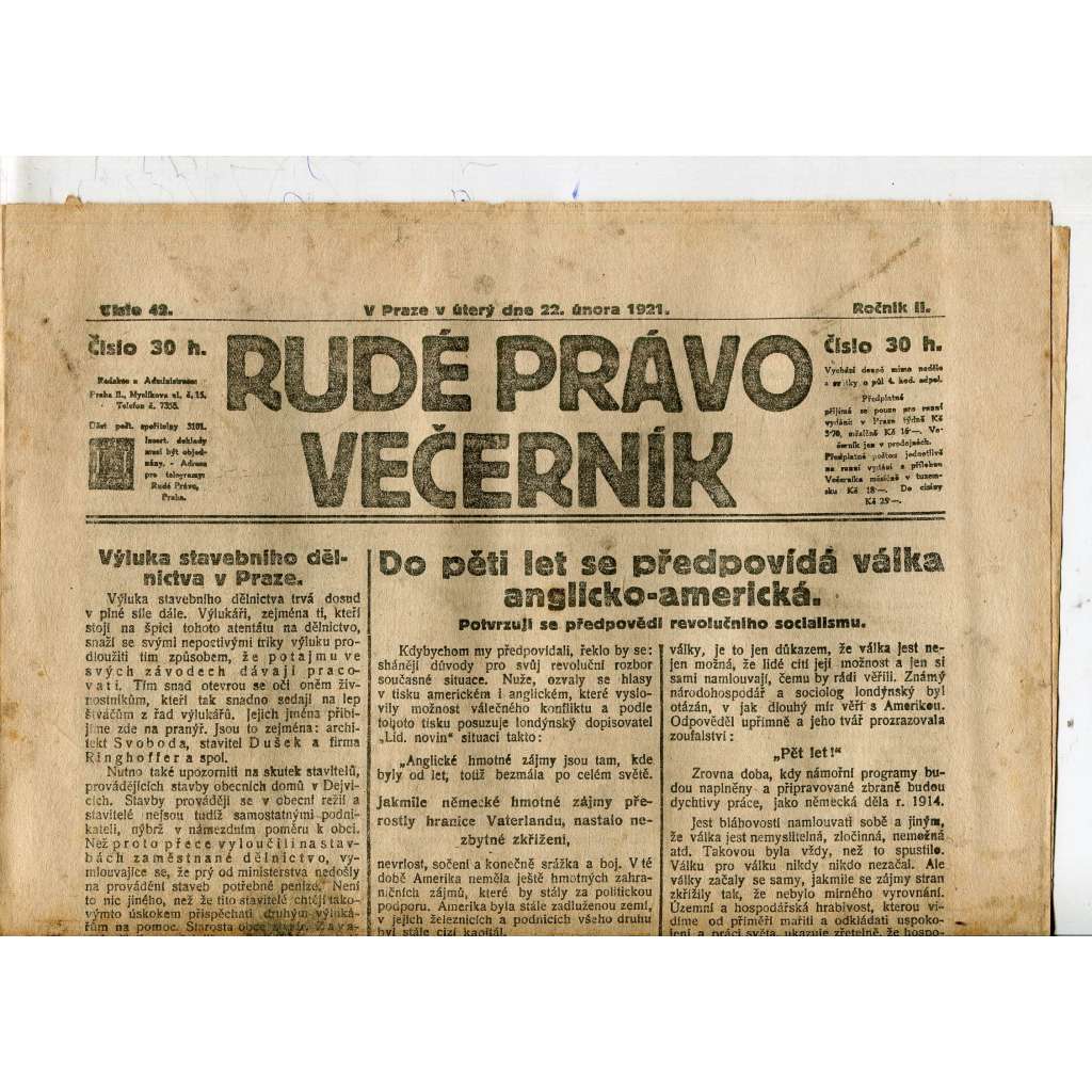Rudé právo Večerník, ročník II., číslo 42/1921 - staré noviny - [komunisté, komunismus]