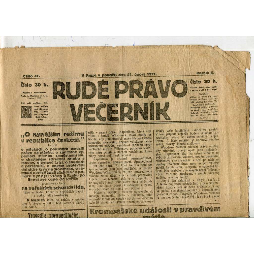 Rudé právo Večerník, ročník II., číslo 47/1921 - staré noviny - [komunisté, komunismus]