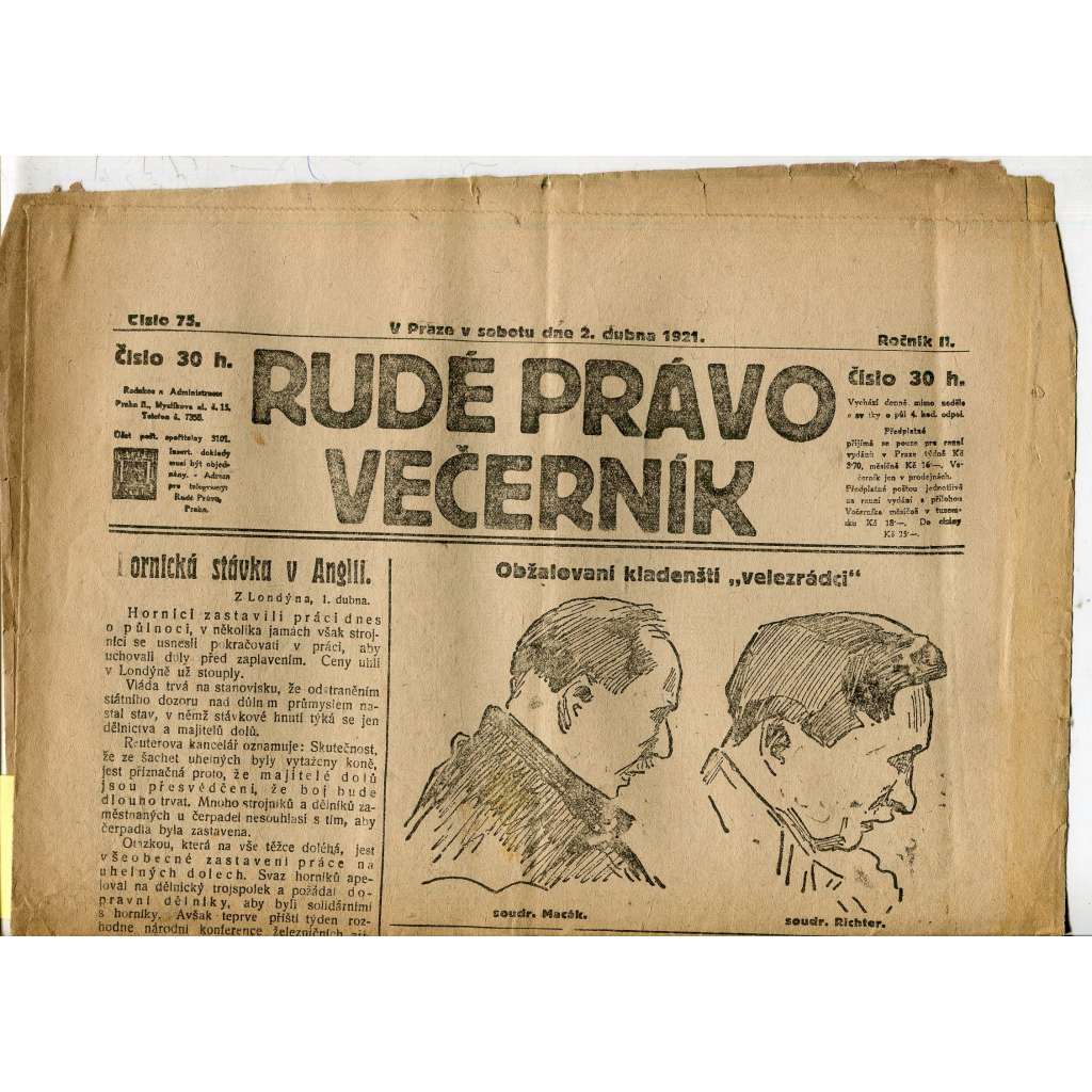 Rudé právo Večerník, ročník II., číslo 75/1921 - staré noviny - [komunisté, komunismus]