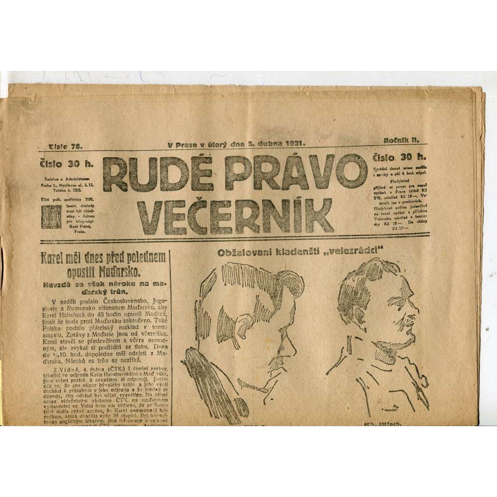 Rudé právo Večerník, ročník II., číslo 76/1921 - staré noviny - [komunisté, komunismus]