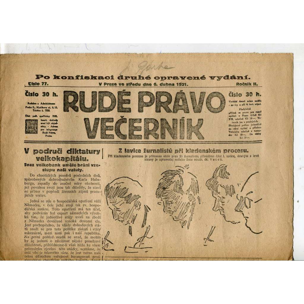 Rudé právo Večerník, ročník II., číslo 77/1921 - staré noviny - [komunisté, komunismus]